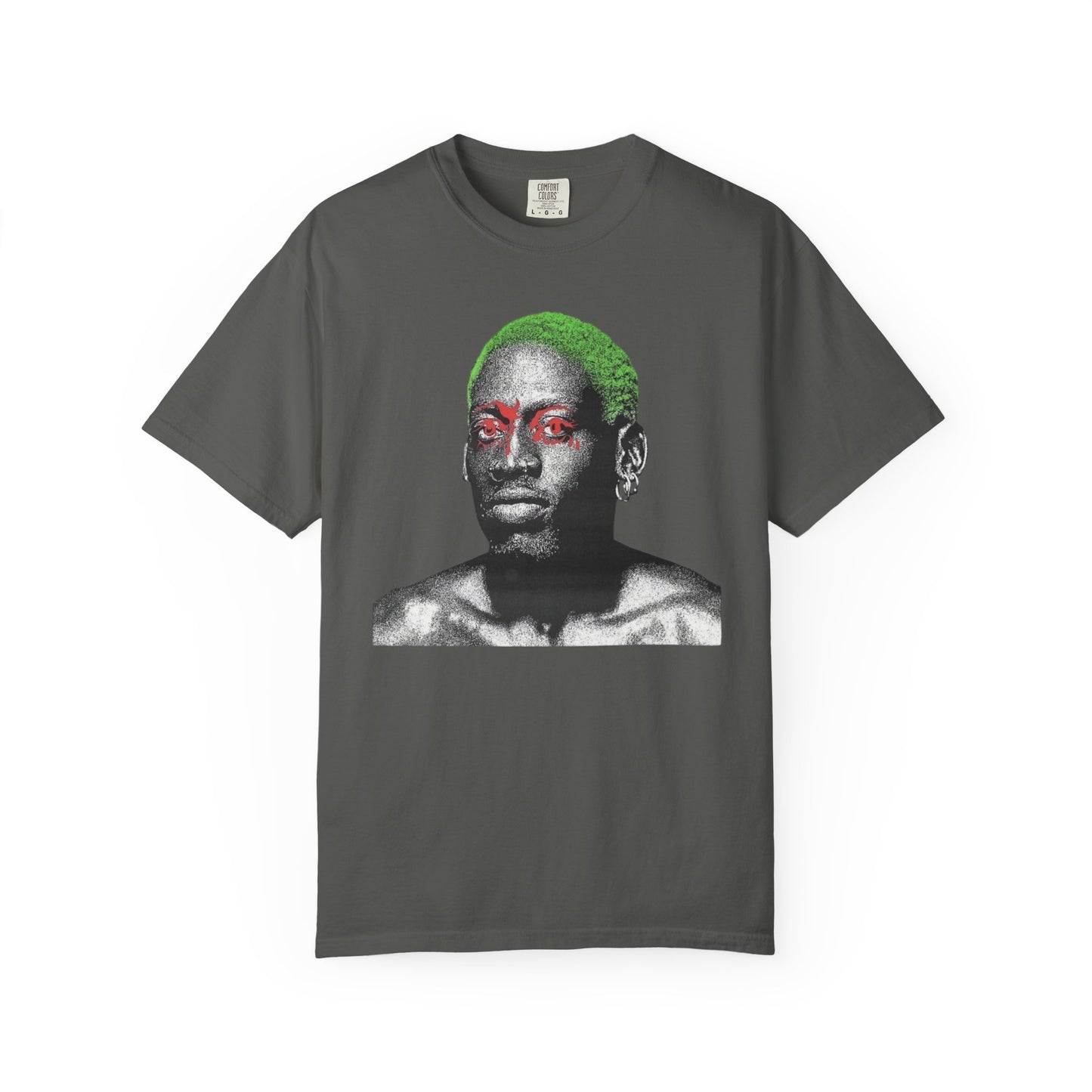 Graphic T-Shirt — Rodman  Portrait with Green Hair & Red Eyes (Edgy Art Tee)