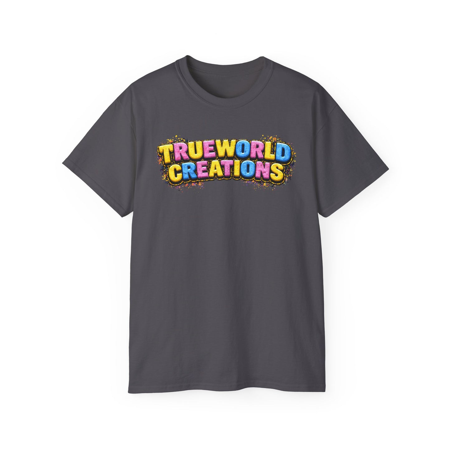 Graphic Tee — "Trueworld Creations" Colorful Logo & Lip Pill Back Print