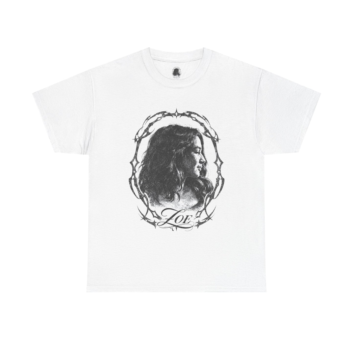 Portrait graphic Tee — "Zoe" Vintage Barbed-Wire Frame