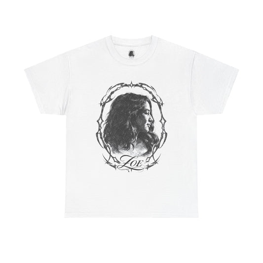 Portrait graphic Tee — "Zoe" Vintage Barbed-Wire Frame
