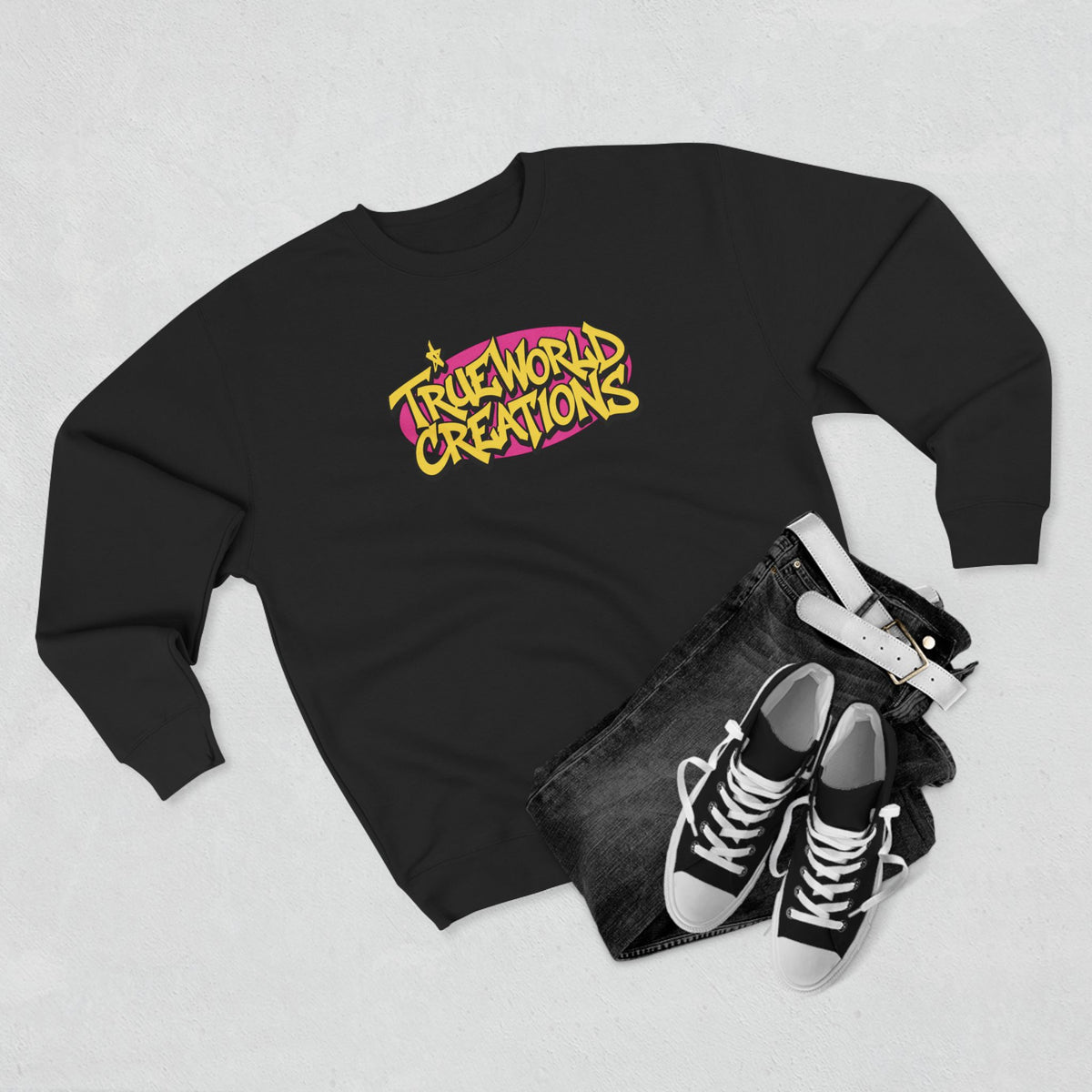 True World Creations Crewneck Sweatshirt — Retro Cartoon Alien Graphic